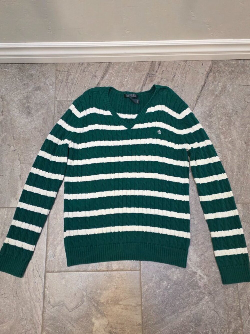 Polo Jeans Company Ralph Lauren Striped V Neck Sweater Green Navy Women's XL